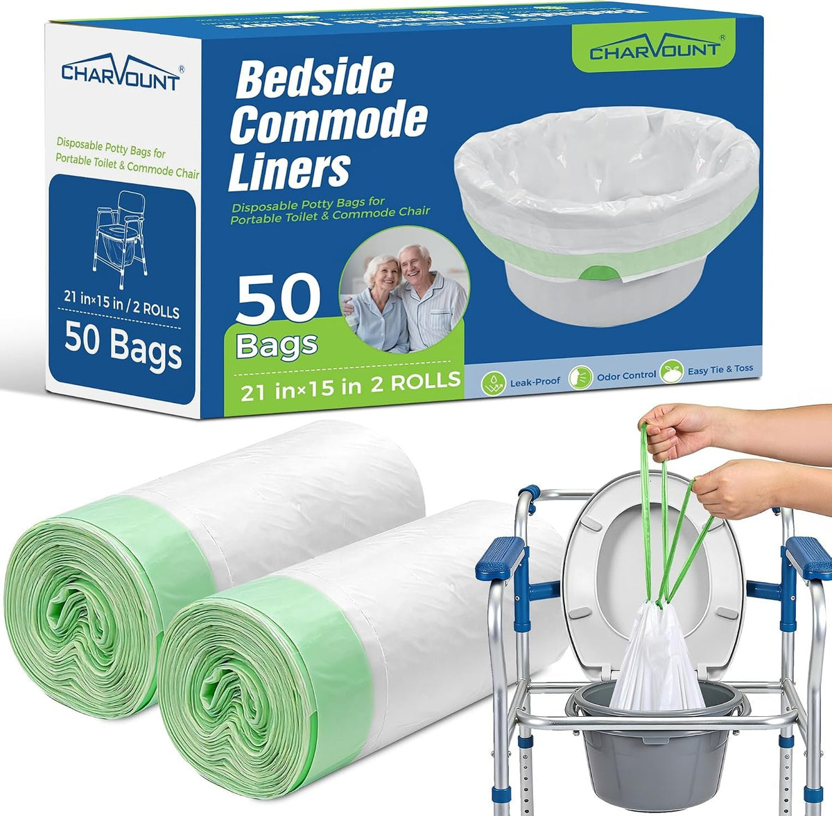 Charmount Bedside Commode Liners, Disposable Commode Bags with Drawstring, Leakproof Universal Fit Portable Toilet Chair Bucket & Bedpan Liners for Home & Camping Use-50 Pack