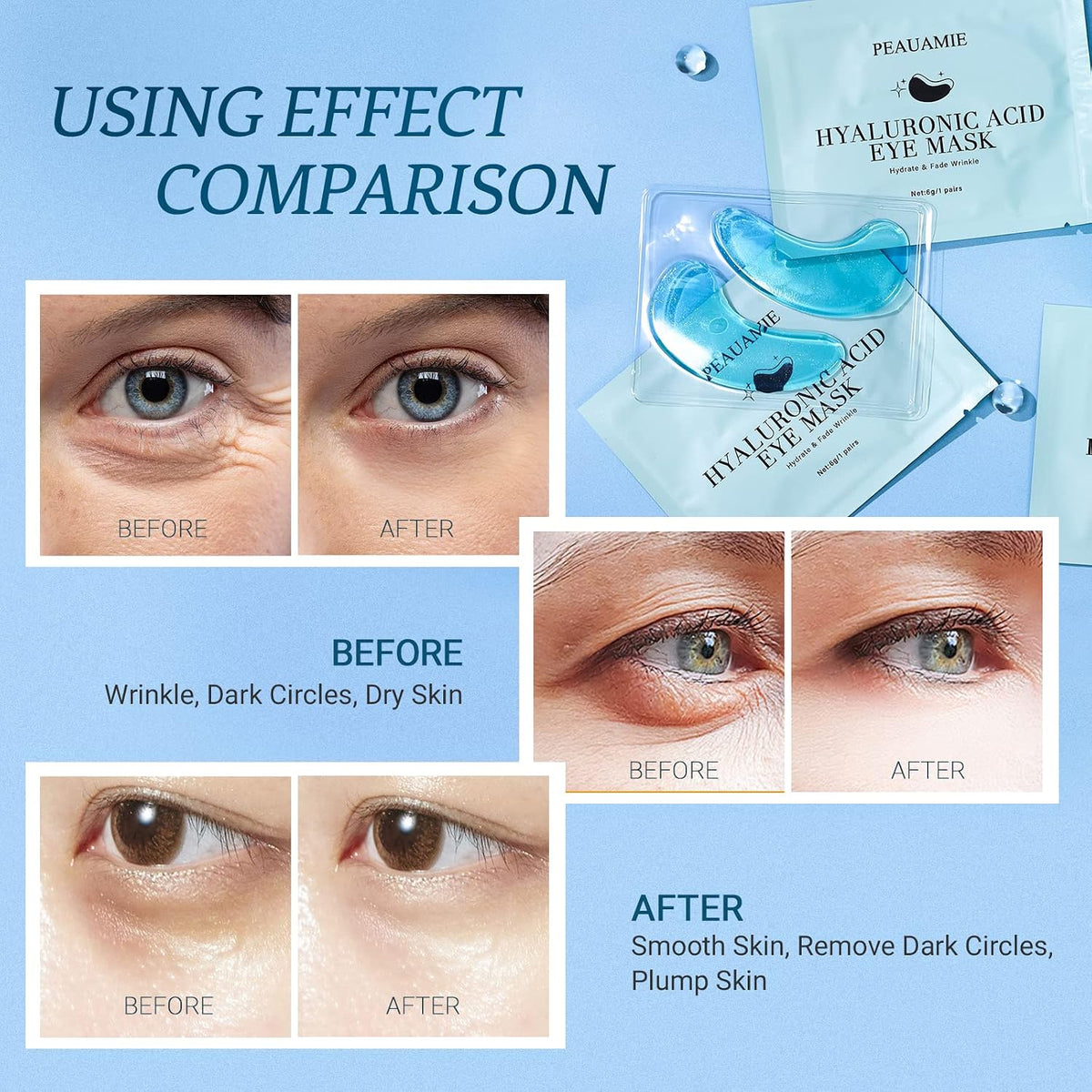 PEAUAMIE Under Eye Patchs Hyaluronic Acid Eye Mask for Dark Circles and Puffiness Wrinkle Eye Bags 30 Pairs