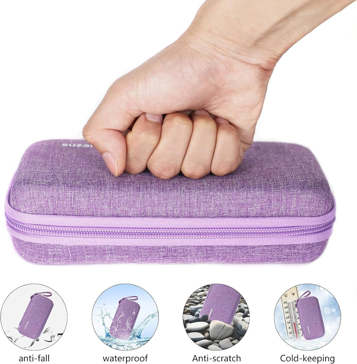 suzamed Insulin Cooler Travel Case, 2x150g Ice Pack TSA Approved, Purple | EVA Insulation Travel Medicine Kit for 1-5 Pens & Diabetic Supplies, Diabetes Care, Portable Handle for Daily Use & Trip