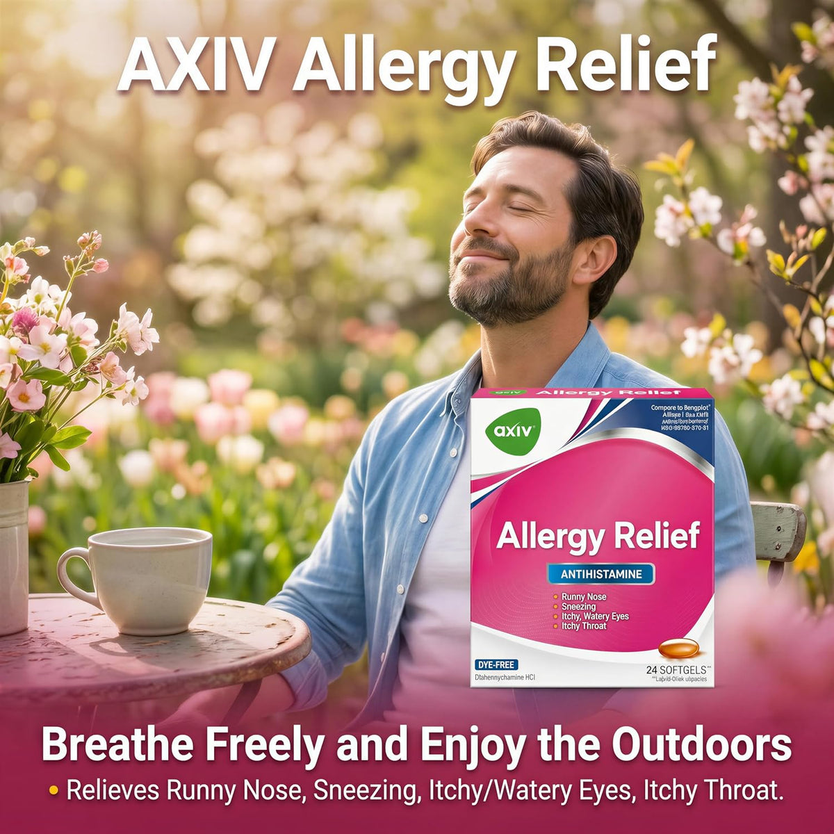AXIV Allergy Relief Softgels, Antihistamine Medicine & Cold Symptom Relief, Dye-Free Liquid Gels, 25 mg Diphenhydramine HCl, Runny Nose, Sneezing, 24 Count (24 Softgels)