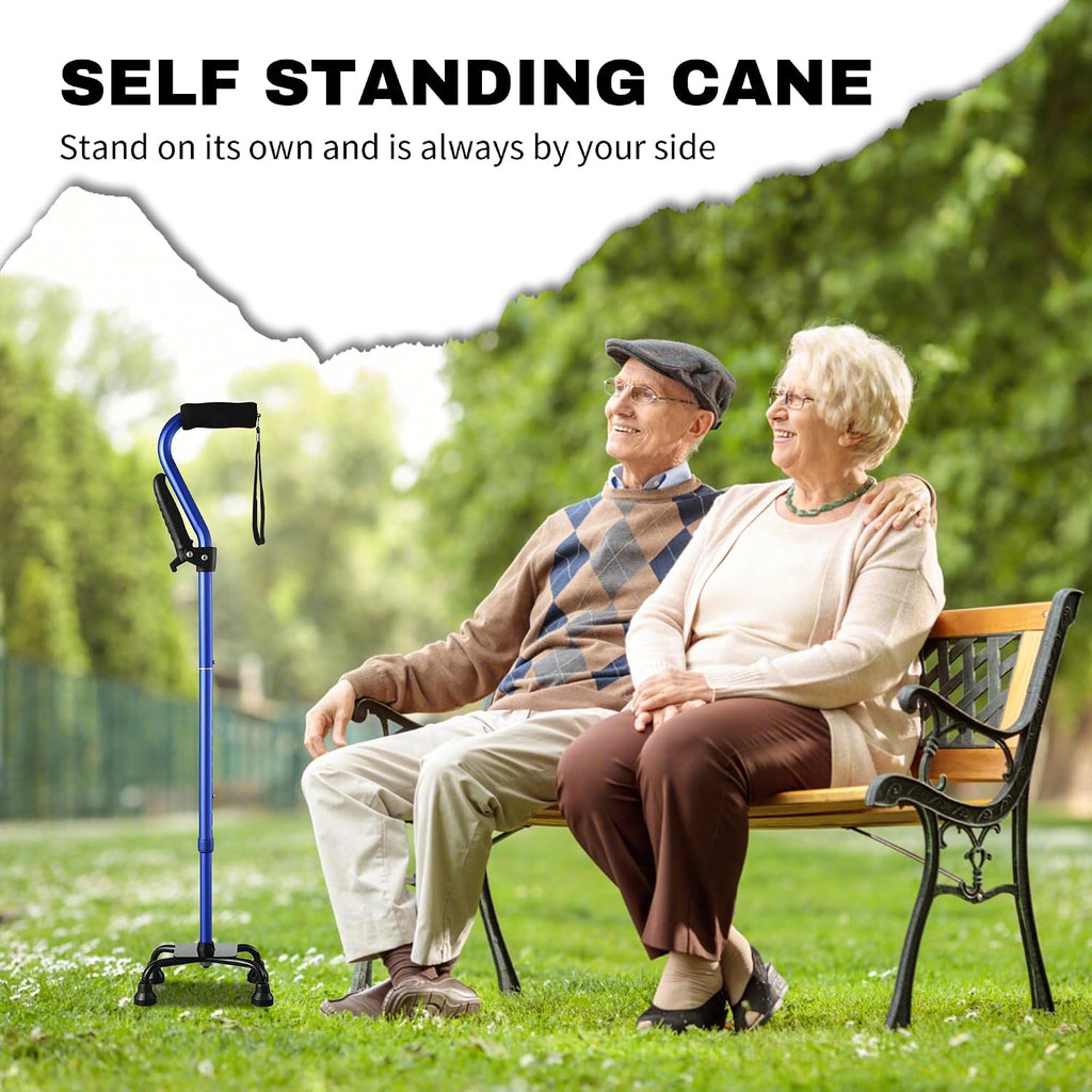 Stand Assist Walking Cane for Seniors - Foldable Adjustable Quad Cane with Second Handle for Leverage, Self Standing Walking Stick with 4-Pronged Base for Stability and Surgery Recovery