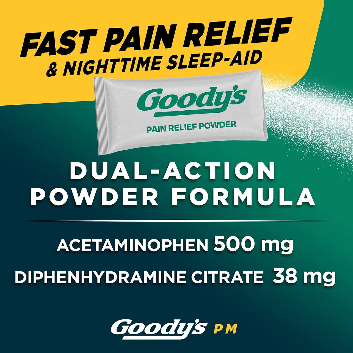 Goody's PM Nighttime Powder, Pain Reliever & Sleep Aid, 16 Count | Fast Pain Relief, Dual Action with Acetaminophen & Diphenhydramine, Headache Relief, Caffeine-Free, Unflavored, Dissolve Pack