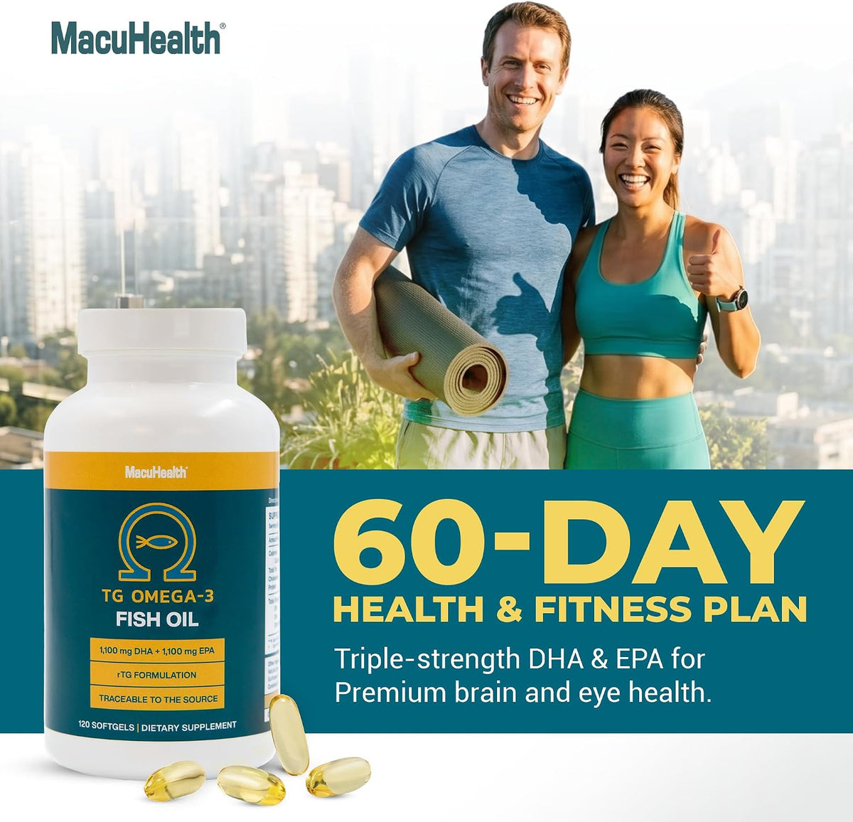Macuhealth Omega 3 Fish Oil - 1100mg DHA, 1100mg EPA - rTG Formula | 120 softgels, 3 months supply - Eye & Brain Health Supplement, Triglyceride Formula