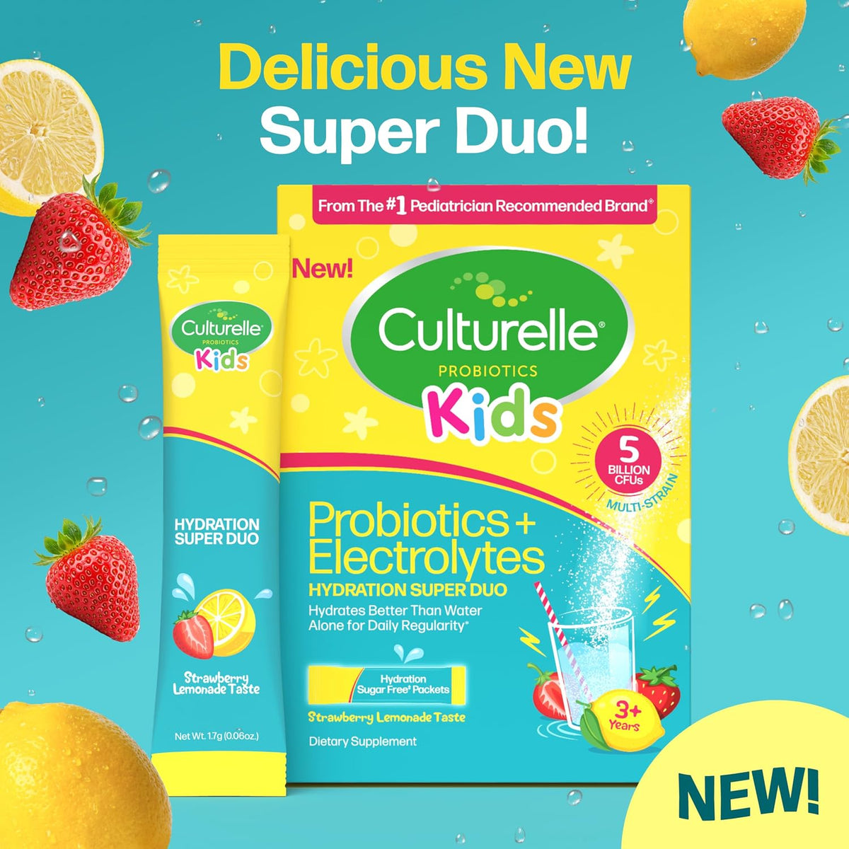 Culturelle Kids Probiotics + Electrolytes, Strawberry Lemonade, 30 Packets