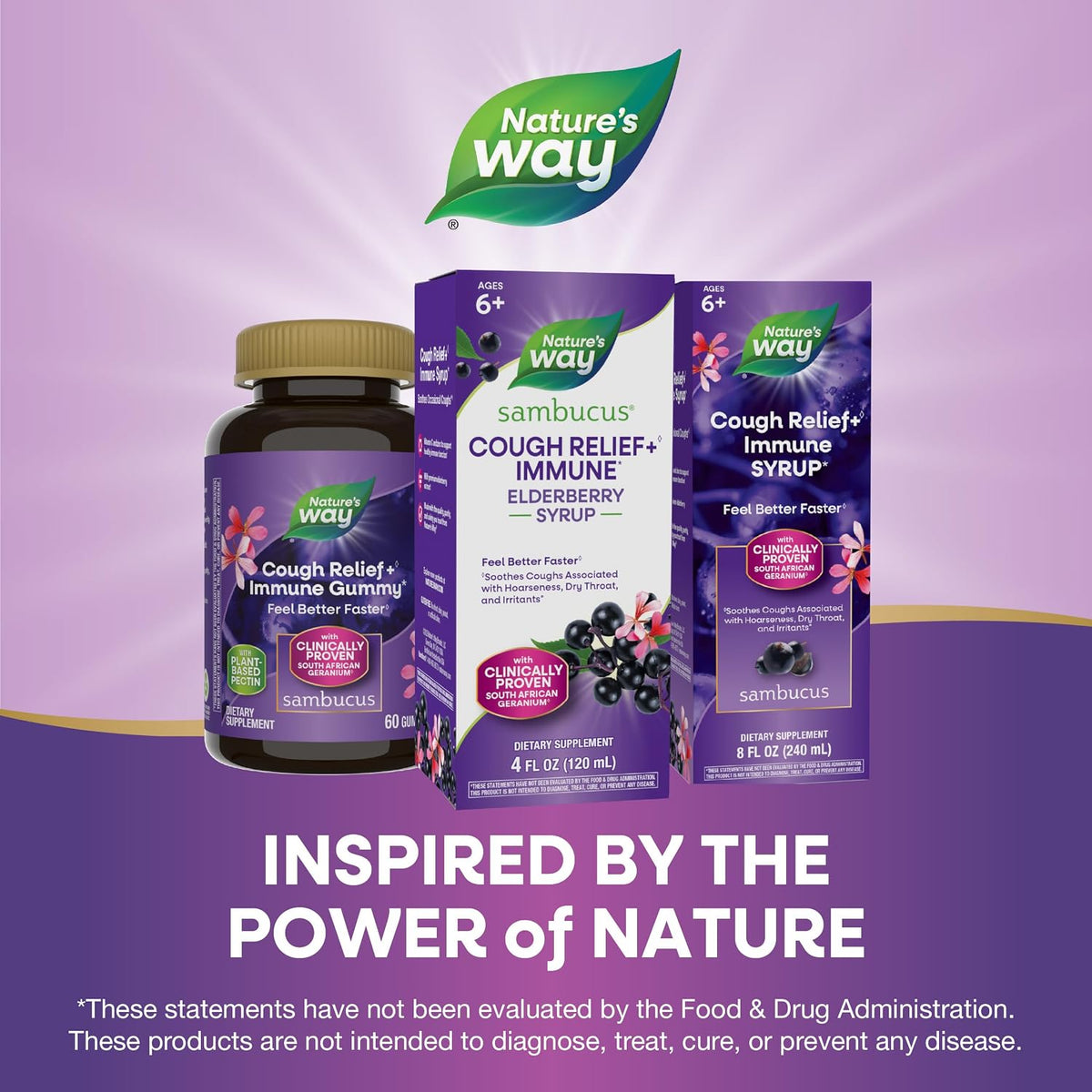 Nature's Way Sambucus Cough Relief +(1) Immune* Syrup, Vegan, 4 fl oz | Feel Better Faster(1) Clinically Proven South African Geranium, with Elderberry Extract, Vitamin C & Zinc