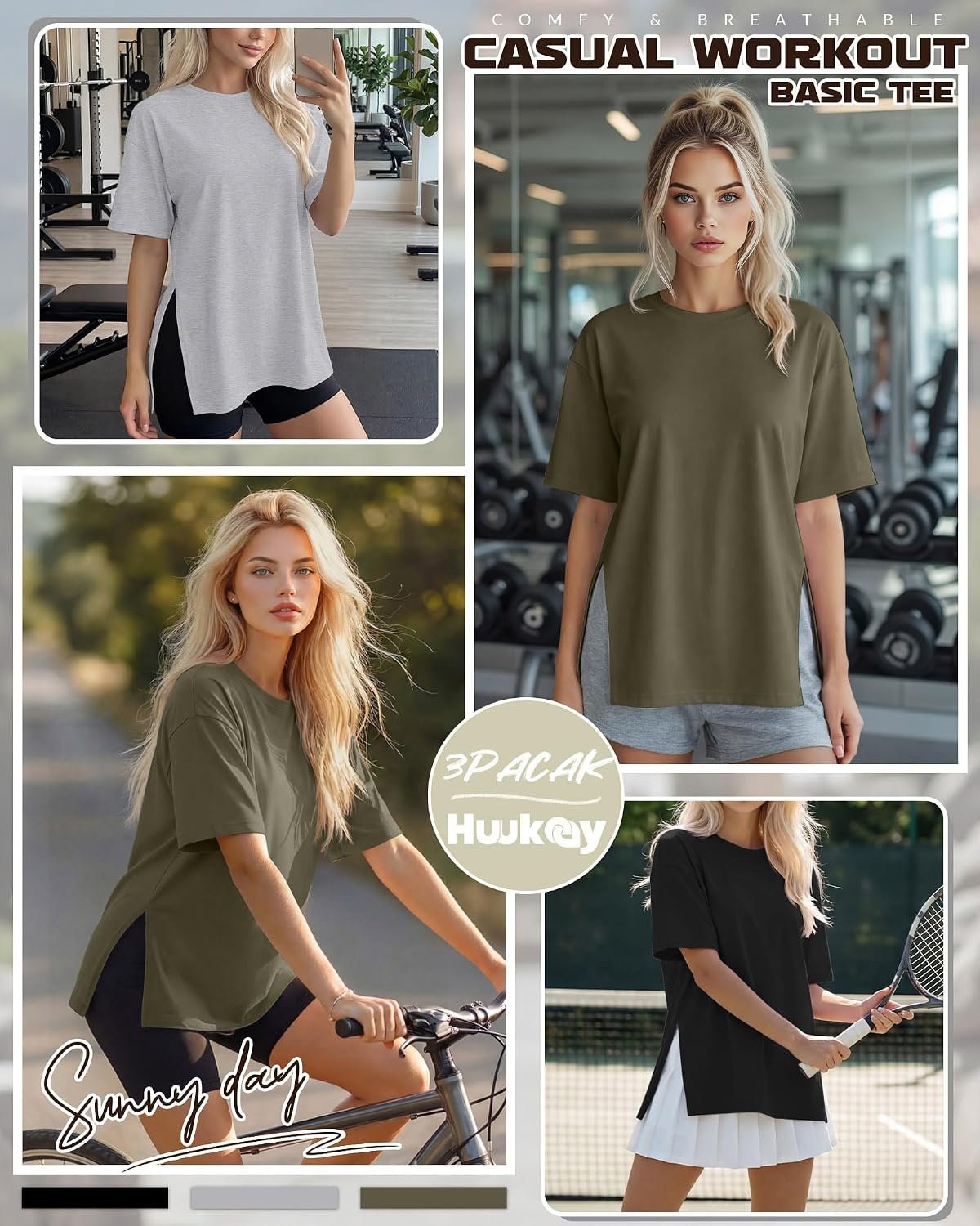 Huukeay 3 Pack Women's Oversized Workout T Shirts Short Sleeve Loose Fit Gym Tops Crewneck Casual Summer Basic Tees