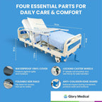 GloryMEQ Point A Tech PAM‑3SE Semi‑Electric Hospital Bed – 3‑Function Adjustable Home‑Care Bed with Bedside Controls, Locking Casters & Safety Rails, Includes Foam Mattress, Bed Tray & 2 Sheets