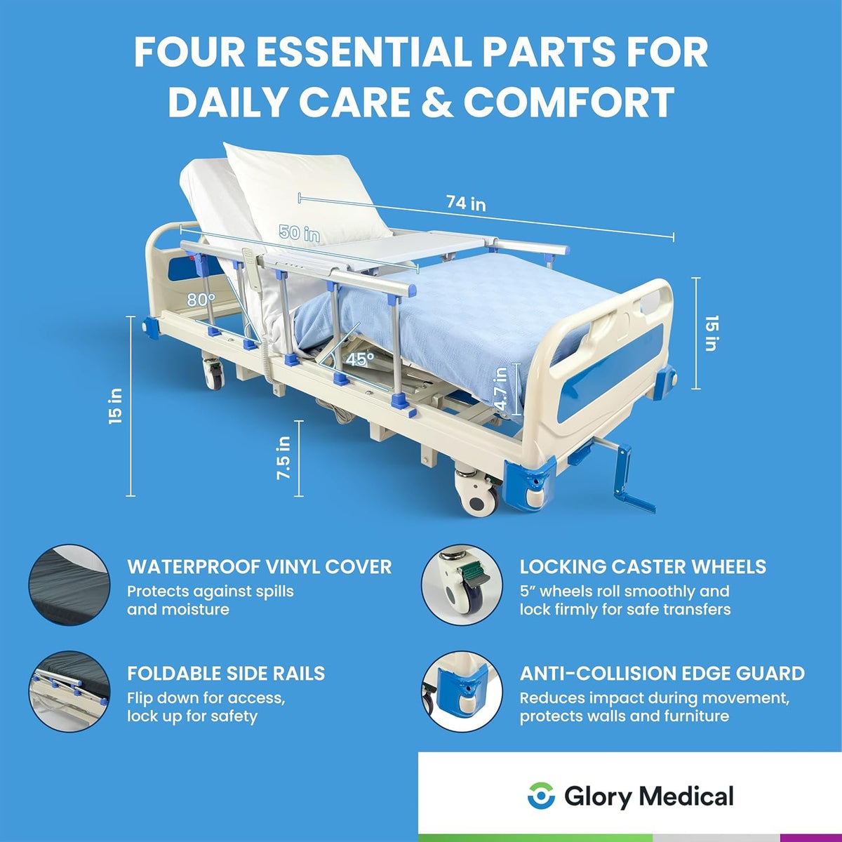 GloryMEQ Point A Tech PAM‑3SE Semi‑Electric Hospital Bed – 3‑Function Adjustable Home‑Care Bed with Bedside Controls, Locking Casters & Safety Rails, Includes Foam Mattress, Bed Tray & 2 Sheets