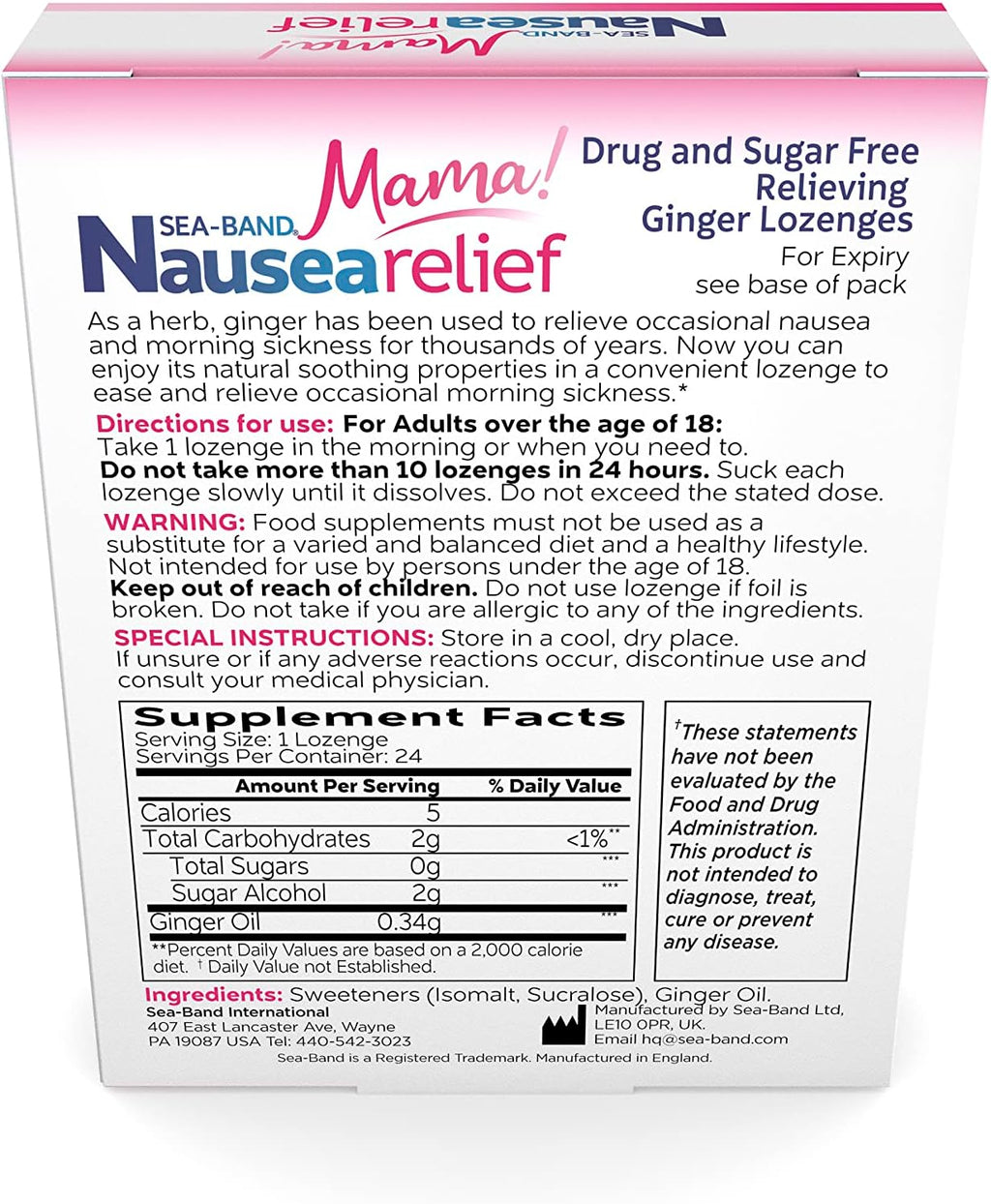 Sea-Band Sugar Free Ginger Travel Lozenges for Motion Sickness 24 Pieces | Morning sickness relief, drug free, HSA/FSA approved, 24 lozenges, sugar free