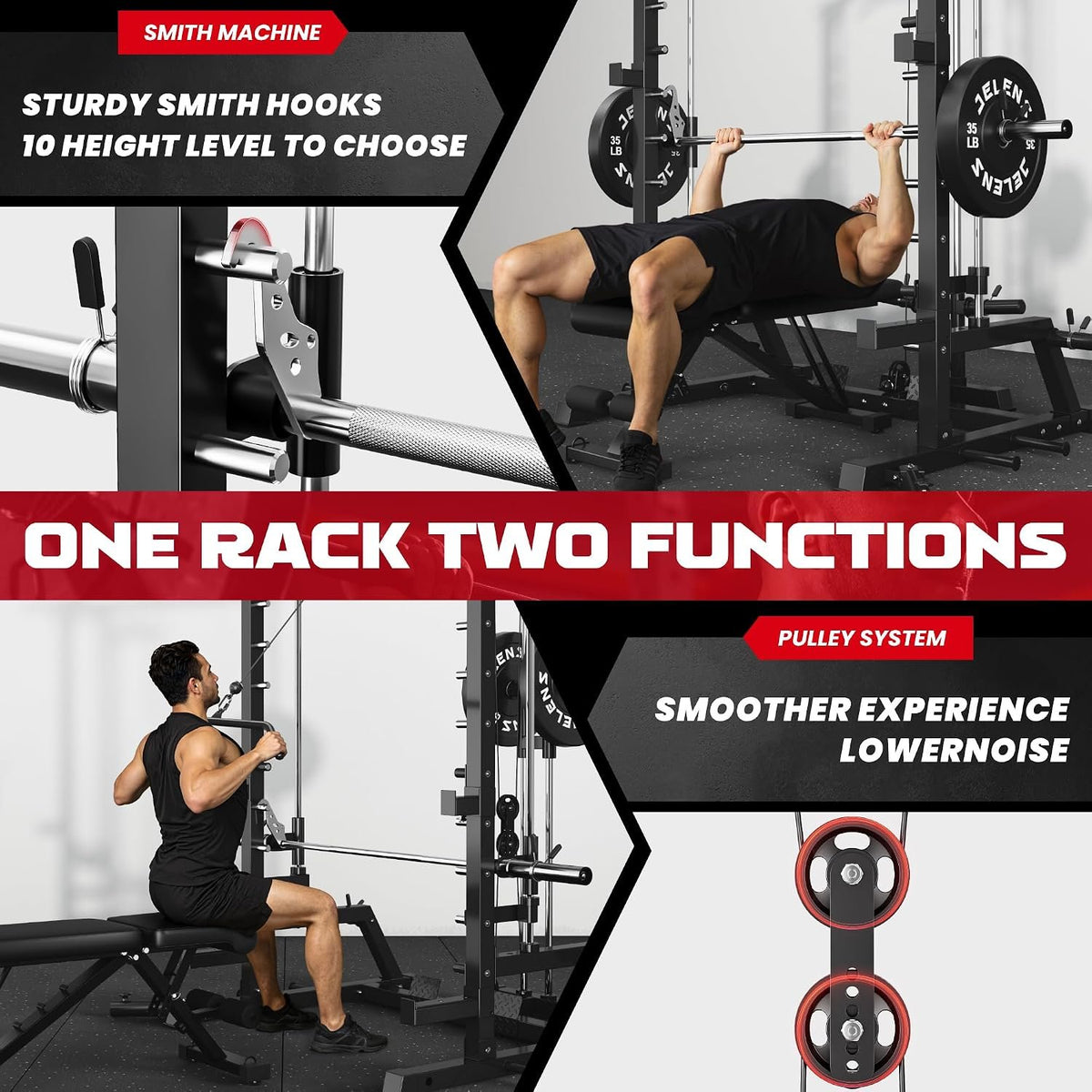 JELENS SR01 Smith Machine, 2000LBS Multi-Function Power Cage with LAT Pulldown System, All-in-One Home Gym Squat Rack with Smith Bar and Training Attachments for Full Body Workouts