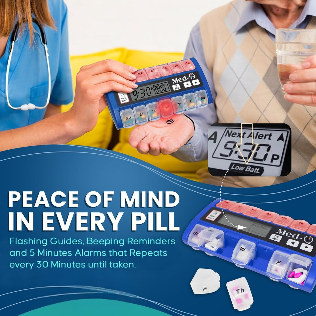 Med-Q Electronic Pill Dispenser with Alarm for Dementia and Elderly | Beeps louder until pills are taken, flashing light shows which box to open, repeats every 30 minutes if missed