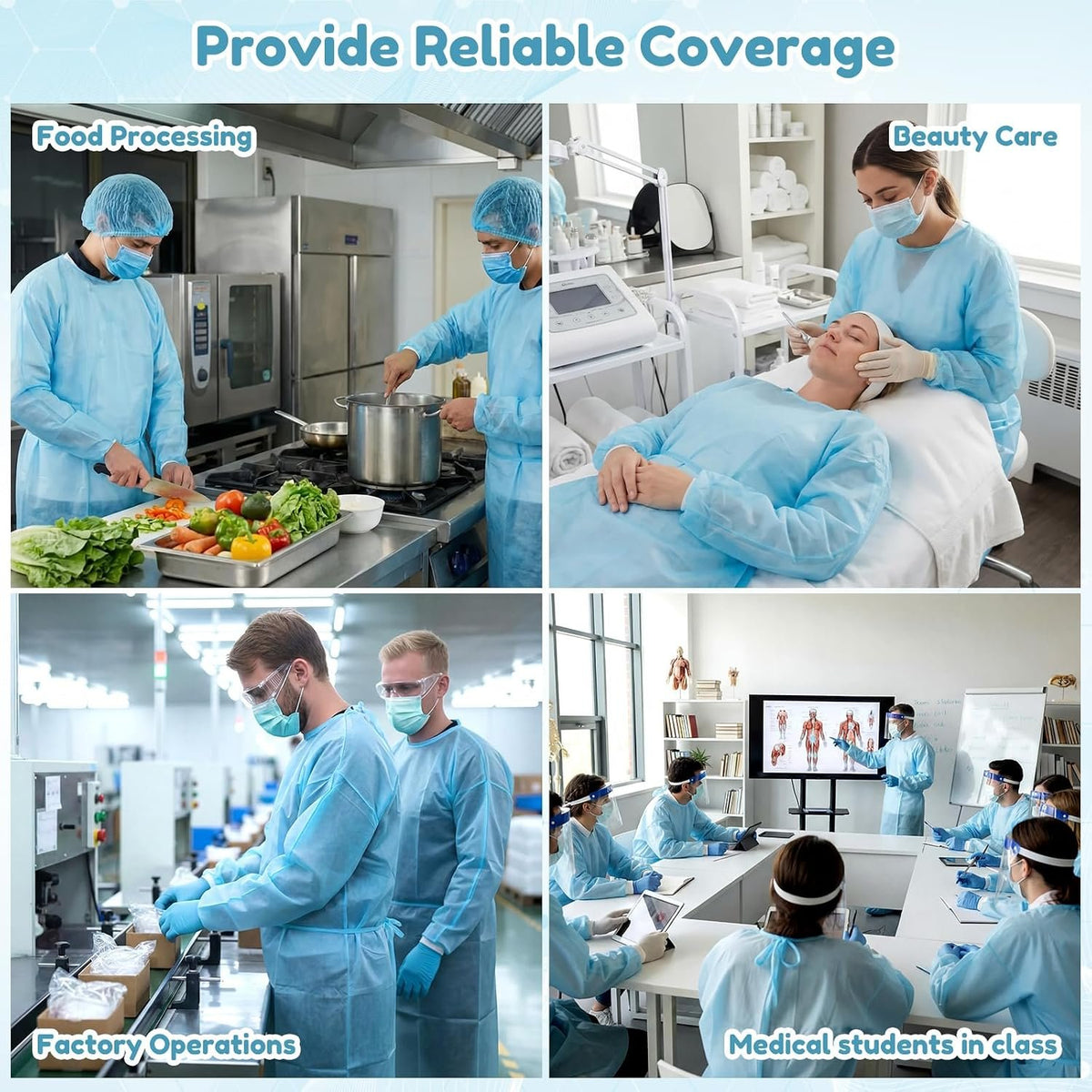 Xuhal 150 Pack Disposable Isolation Gowns PPE Gowns Disposable Bulk,Blue | Spunbonded Polypropylene, 46 in Length, Elastic Cuffs, Neck and Waist Ties, for Home Isolation, Labs, Dental, Beauty Agencies