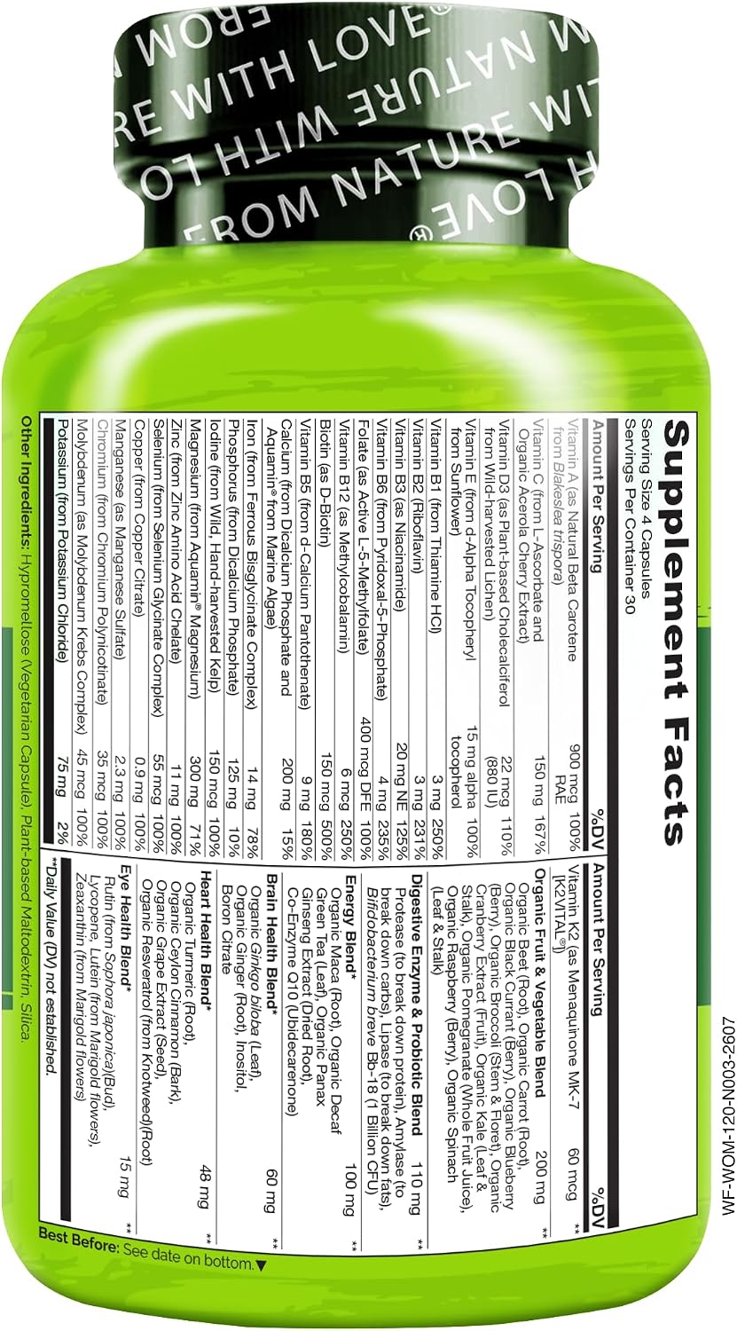 NATURELO Whole Food Multivitamin for Women - with Vitamins, Minerals, & Organic Extracts - Supplement for Energy and Heart Health - Non GMO - 120 Vegan Capsules