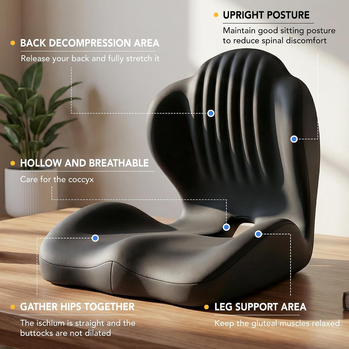 Ergonomic Seat Cushion with L-Shaped Design for Office Chair (Black)
