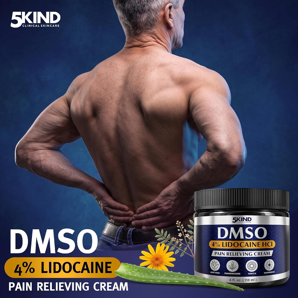 5Kind DMSO Cream with Lidocaine for Pain Relief 4 fl oz - 99.9% Pure DMSO Pharmaceutical Grade Cream - Lidocaine Cream with Aloe Vera, Magnesium, Arnica & Menthol - Registered NDC - Made in USA