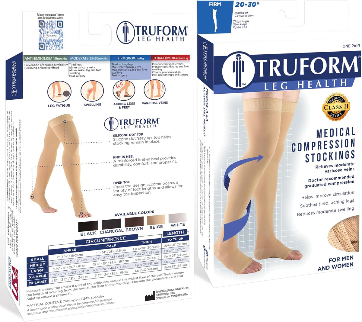 Truform 20-30 mmHg Compression Stockings for Men and Women, Thigh High Length, Dot-Top, Open Toe