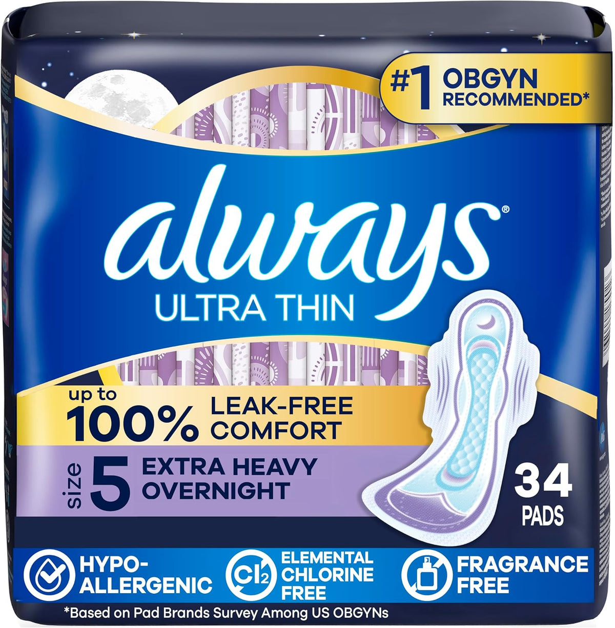 Always Ultra Thin Size 5 Extra Heavy Overnight Pads with Wings Unscented, 34Count, (Pack of 34)