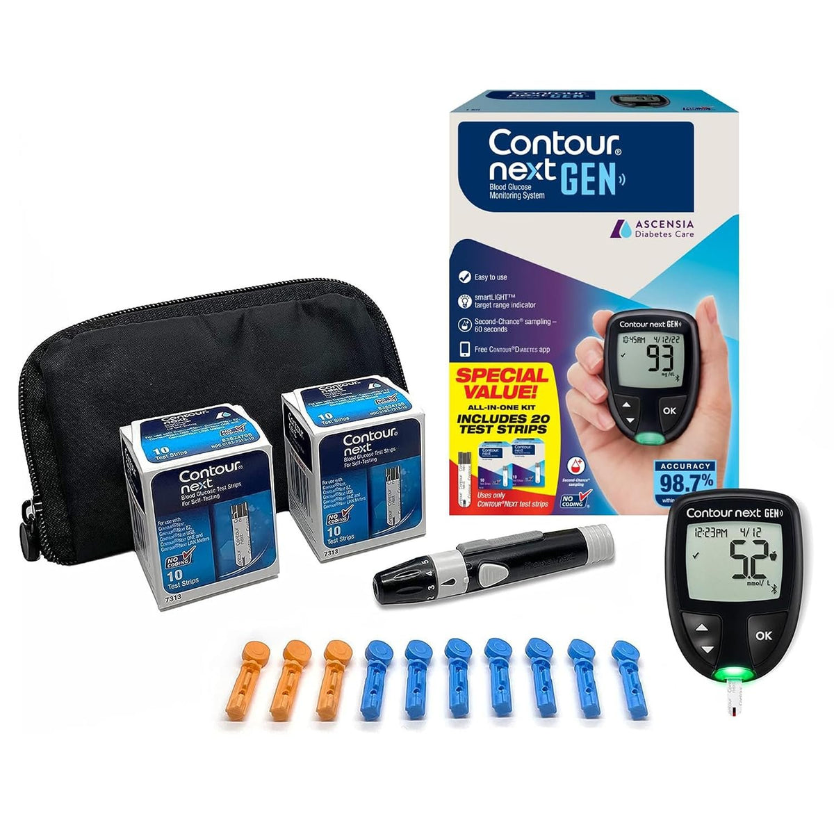 Ascensia CONTOUR NEXT GEN Blood Glucose Monitor All in One Kit + 20 Strips | Includes 20 Test Strips, Accurate Blood Sugar Monitor, Easy-to-Use Glucose Meter, Portable, Reliable Diabetes Testing Kit