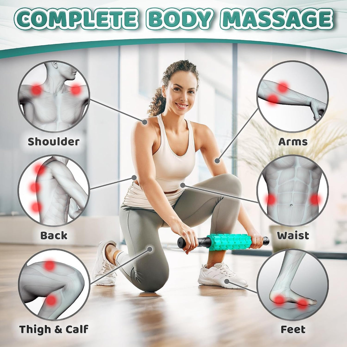 Muscle Roller Stick, Green, Hand Held Body Massager, 9 Rollers