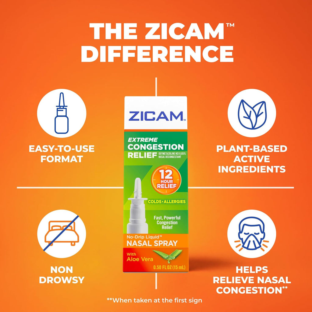 Zicam Extreme Congestion Relief Nasal Spray, Aloe Vera, 0.50 Fl Oz | 12 Hour Relief, Sinus Pressure Relief, Cold and Allergy Relief, Fast Acting Nasal Spray