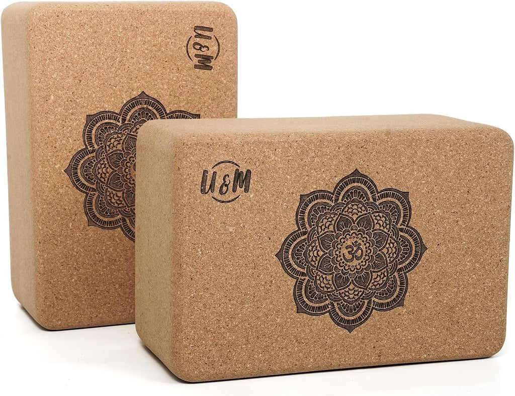 U&M Cork Yoga Blocks 2 Pack Set,Natural Cork High Density 9"x6"x4" Yoga Blocks Odor-Resistant Non-Slip for Yoga, General Fitness, Pilates, Stretching and Toning
