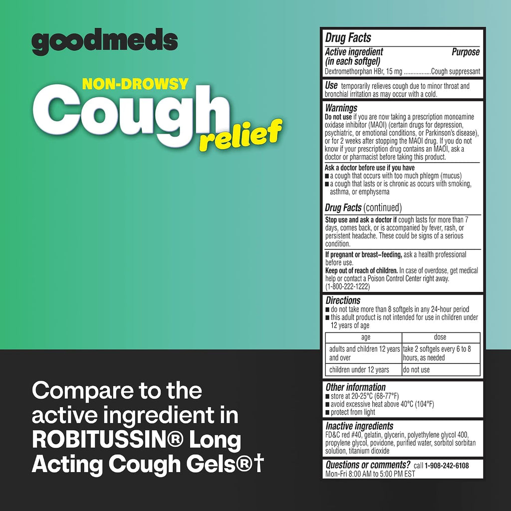 Cough Relief for Adults Softgels Dextromethorphan HBr (DXM) 15mg 8Hour, Non-Drowsy, Long-Lasting Bronchial Suppressant for Dry Cough and Chest Congestion (120 Count)