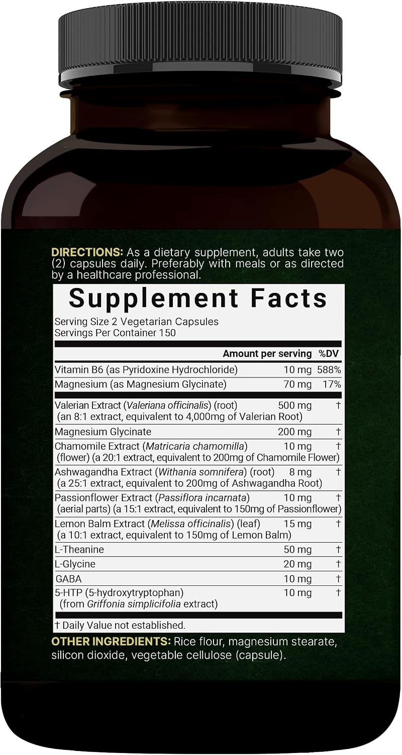 NatureBell Valerian Root for Sleep, 300 Veggie Capsules with Magnesium Glycinate, Chamomile, Passionflower, Lemon Balm, Ashwagandha, & More – Relaxation & Sleep Support Supplement – Melatonin Free