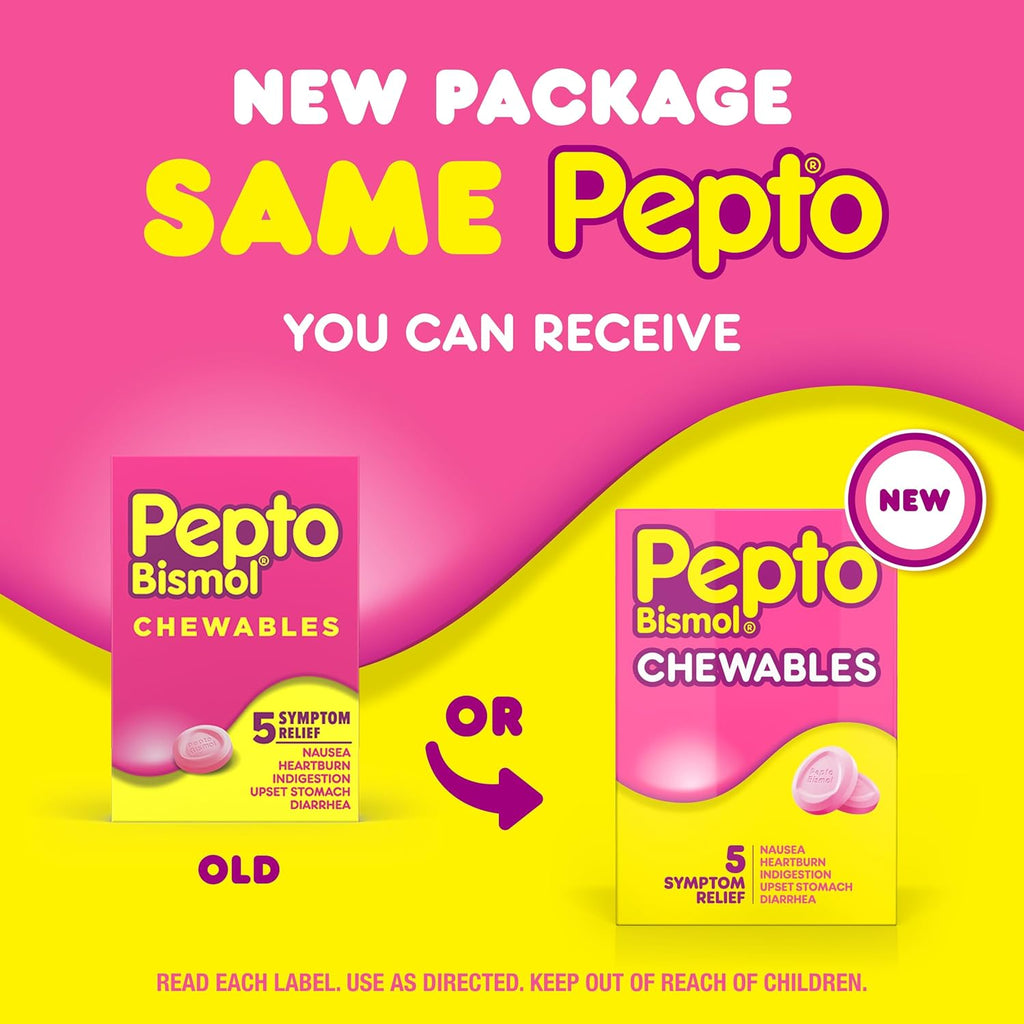 Pepto Bismol Chewable Tablets, Upset Stomach Relief, Nausea Relief, Heartburn Relief, Indigestion Relief, Anti Diarrhea Medication for Adults - 5 Symptom Relief, 90 Chewable Tablets (3x30 ct)