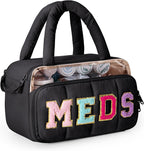 Fasrom Chenille Letter Medicine Bag, Pill Bottle Organizer for Travel Meds | Preppy Patch Design, Puffy Handle, Portable Storage for Medical Supplies & Toiletries, Makeup Case for Women