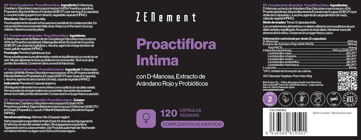 Intimate Proactiflora - With D-Mannose, Lingonberry and 5 Probiotic Strains - 120 Vegan, No Additives, Non-GMO, Gluten Free, Lactose Free, Soy Free - Zenement