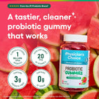 Physician's CHOICE Probiotic Gummies with Vitamin D & Prebiotic Fiber - Sugar Free - 1B CFUs of Clinically Studied Probiotic - Supports Immune & Gut Health for Women & Men - Watermelon Flavor - 60CT
