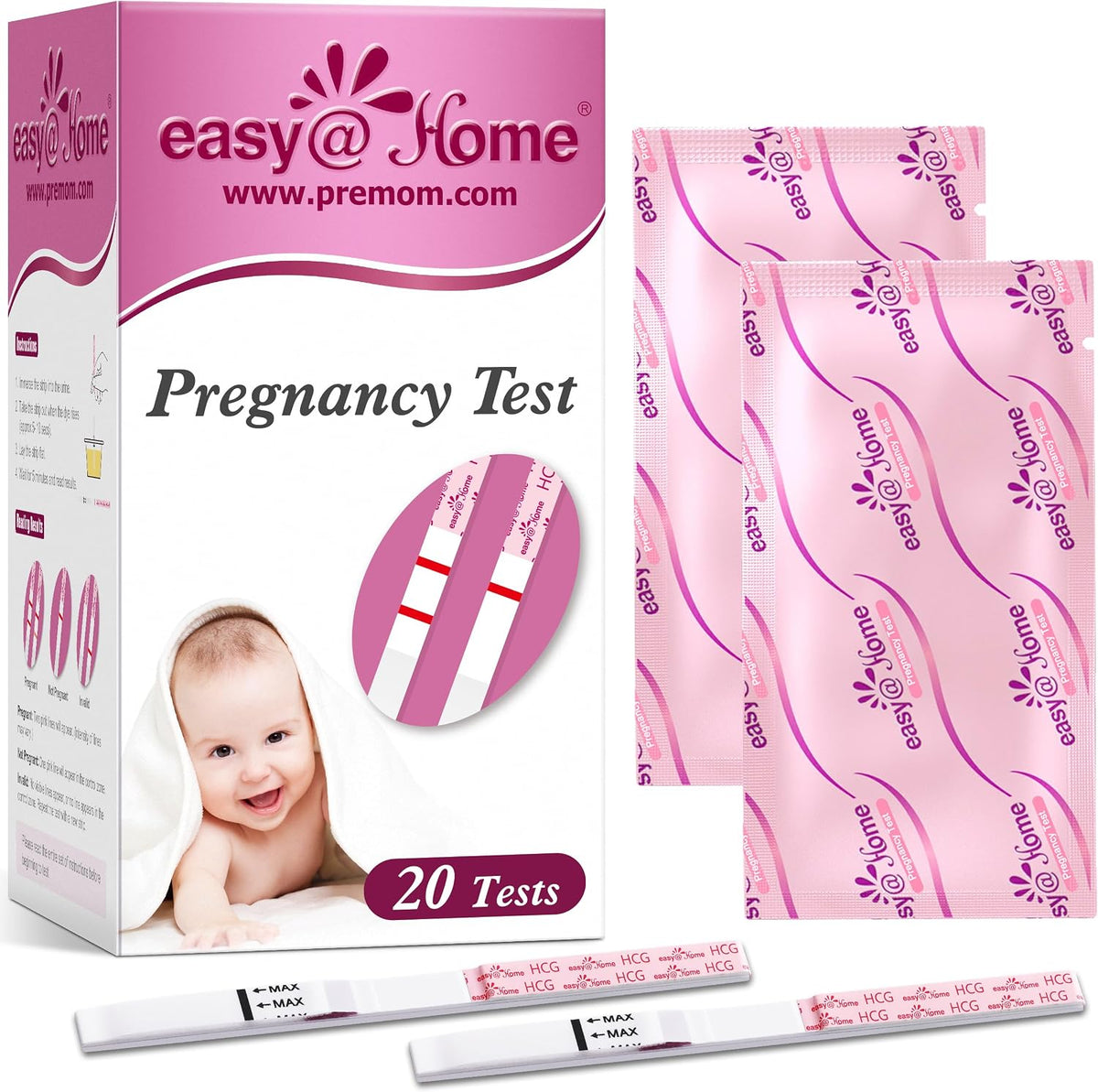 easy@Home 20 Pack Pregnancy Test Strips: Early Detection hCG Test Kit | 20 Bulk Pregnancy Strips - Pruebas de Embarazo, Powered by Premom APP