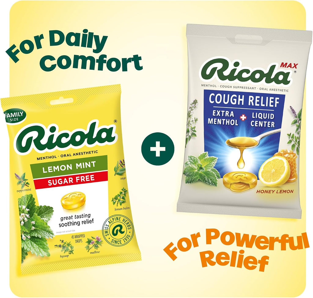 Ricola, Throat Care Max Honey Lemon, 34 Count | Made with Extra Menthol Liquid Center - Maximum Cough and Sore Throat Relief for Cold & Flu Symptoms - Herbal Lozenges