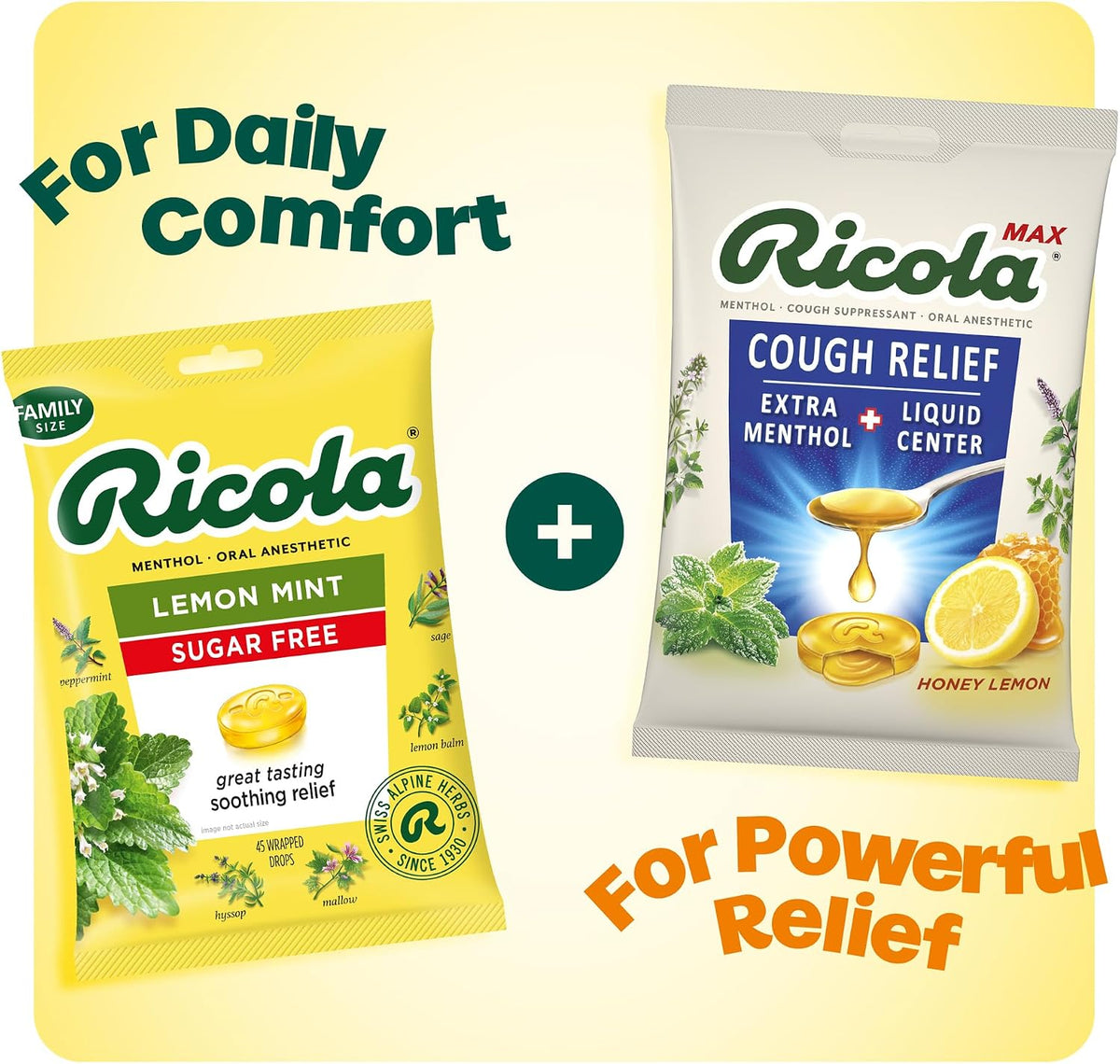 Ricola, Throat Care Max Honey Lemon, 34 Count | Made with Extra Menthol Liquid Center - Maximum Cough and Sore Throat Relief for Cold & Flu Symptoms - Herbal Lozenges
