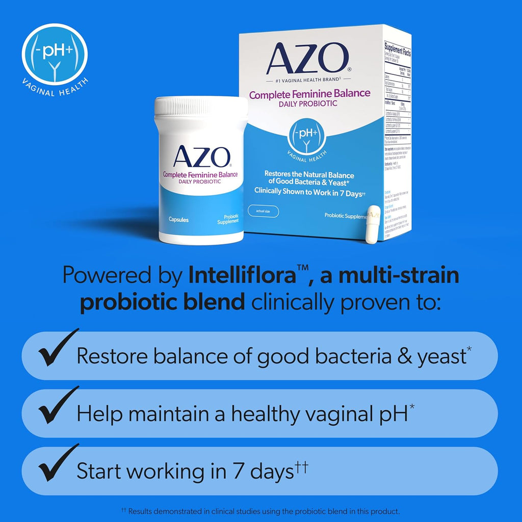 AZO Complete Feminine Balance Daily Probiotics for Women | 60 Count | Clinically Proven to Help Protect Vaginal Health | Clinically Shown to Work in 7 Days