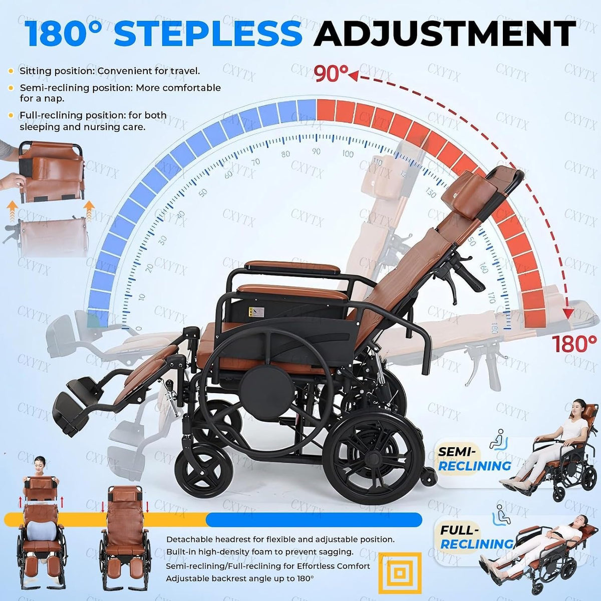 High Back Reclining Wheelchair for Adults 180° Full Recline