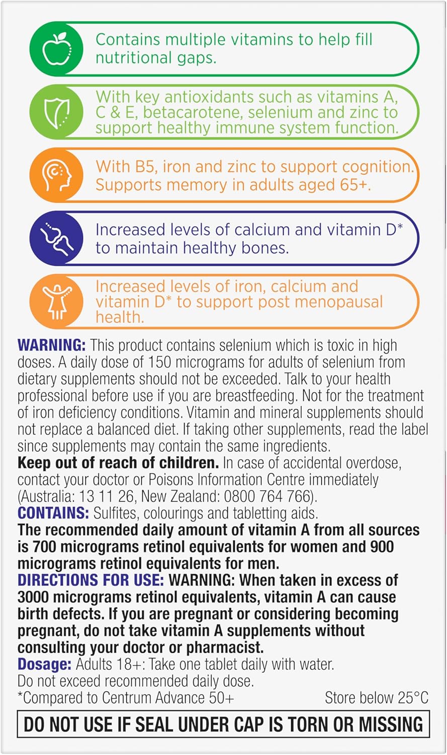 Centrum Women 50+, Multi Vitamin & Minerals Supplement, 60 Tablets | Supports Immunity, Cognition, Bone Health + Post Menopausal Health