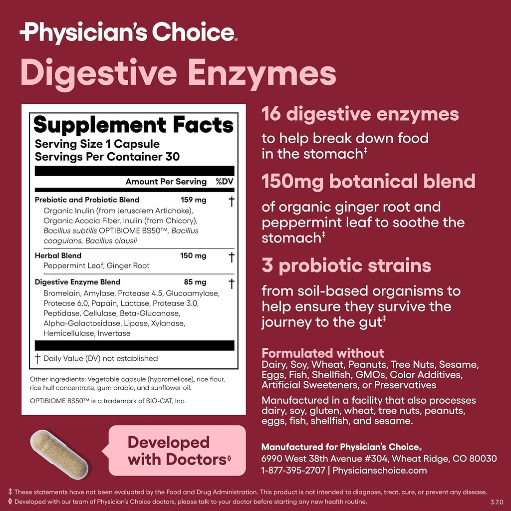Physician's CHOICE Digestive Enzymes for Bloating & Digestion - Fast-Acting 16 Enzyme Formula with Organic Prebiotics & Probiotics for Gut & Digestive Health - Meal Time Discomfort Relief - 30 CT