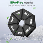 Weekly Pill Organizer, 2 Pack Portable Travel Pill Box, 7 Day Pill Case | Easy Open, BPA-Free, Arthritis Friendly Medicine Pill Container, Medicine Case for Vitamins,Supplements Medications, Black