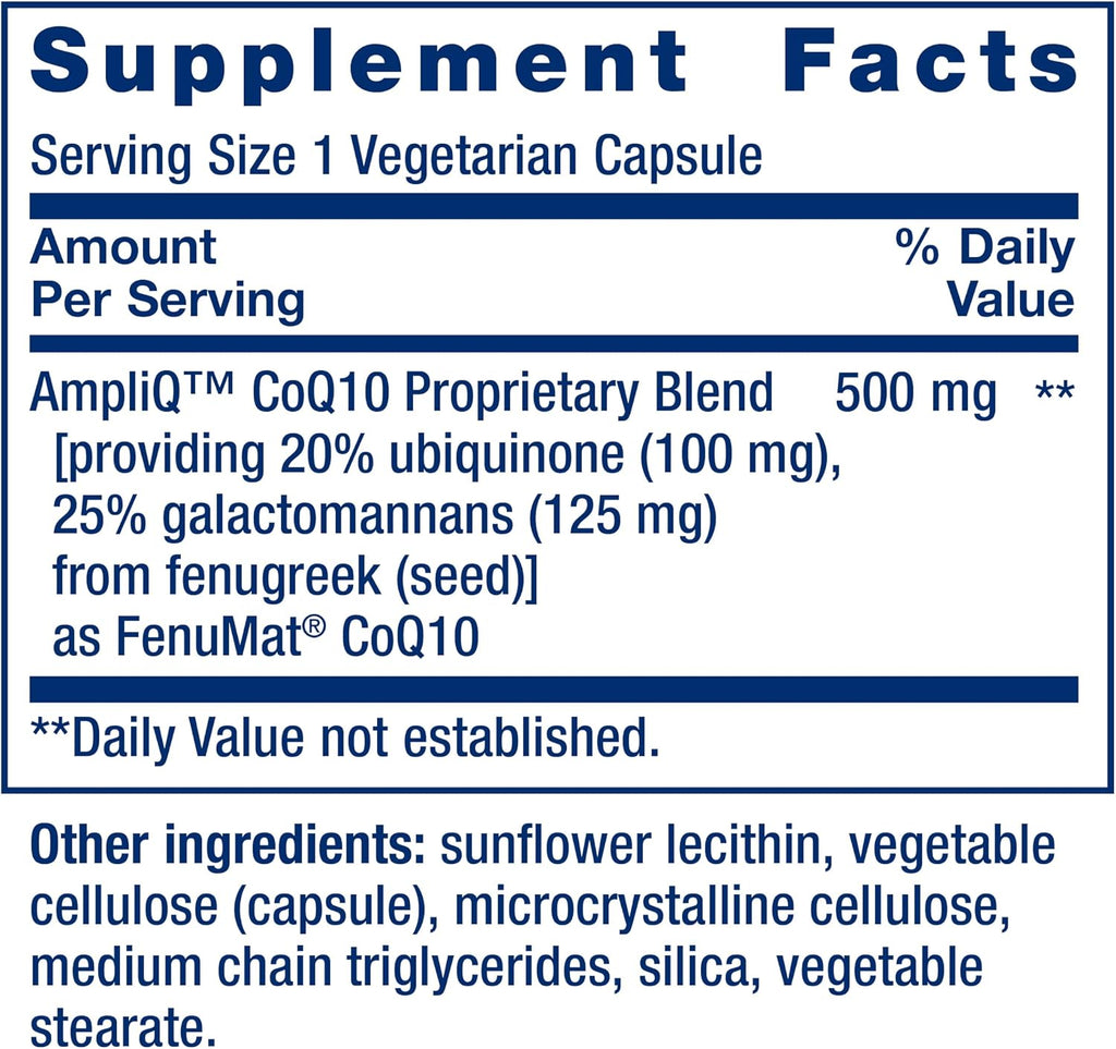 Life Extension AmpliQ CoQ10, Heart Health, Kidney and Liver Health, ubiquinone 100 mg, Advanced Formula, Gluten Free, Non-GMO, Vegetarian, 60 Capsules