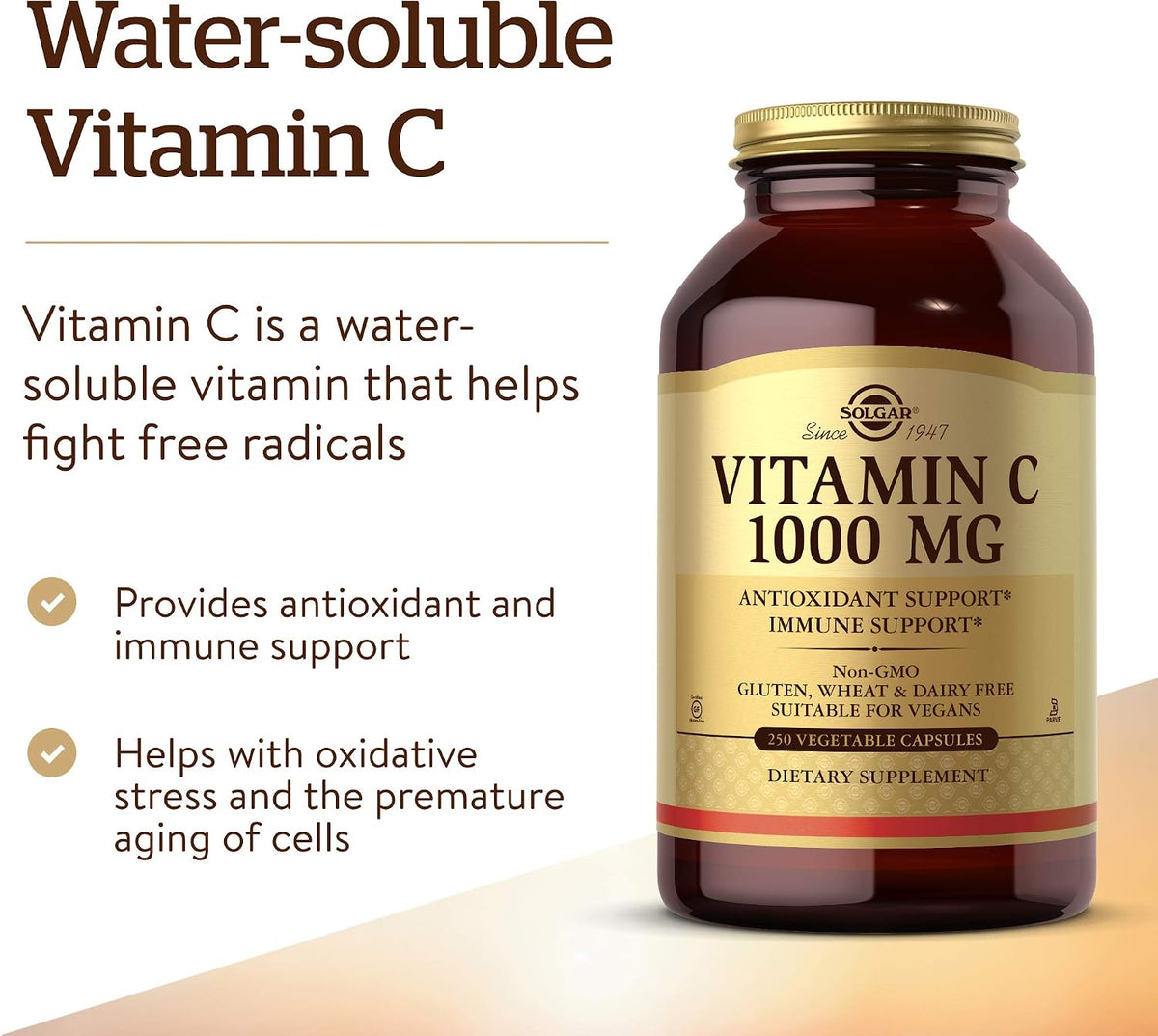 Solgar Vitamin C 1000 mg, 250 Vegetable Capsules, Non-GMO, Gluten Free