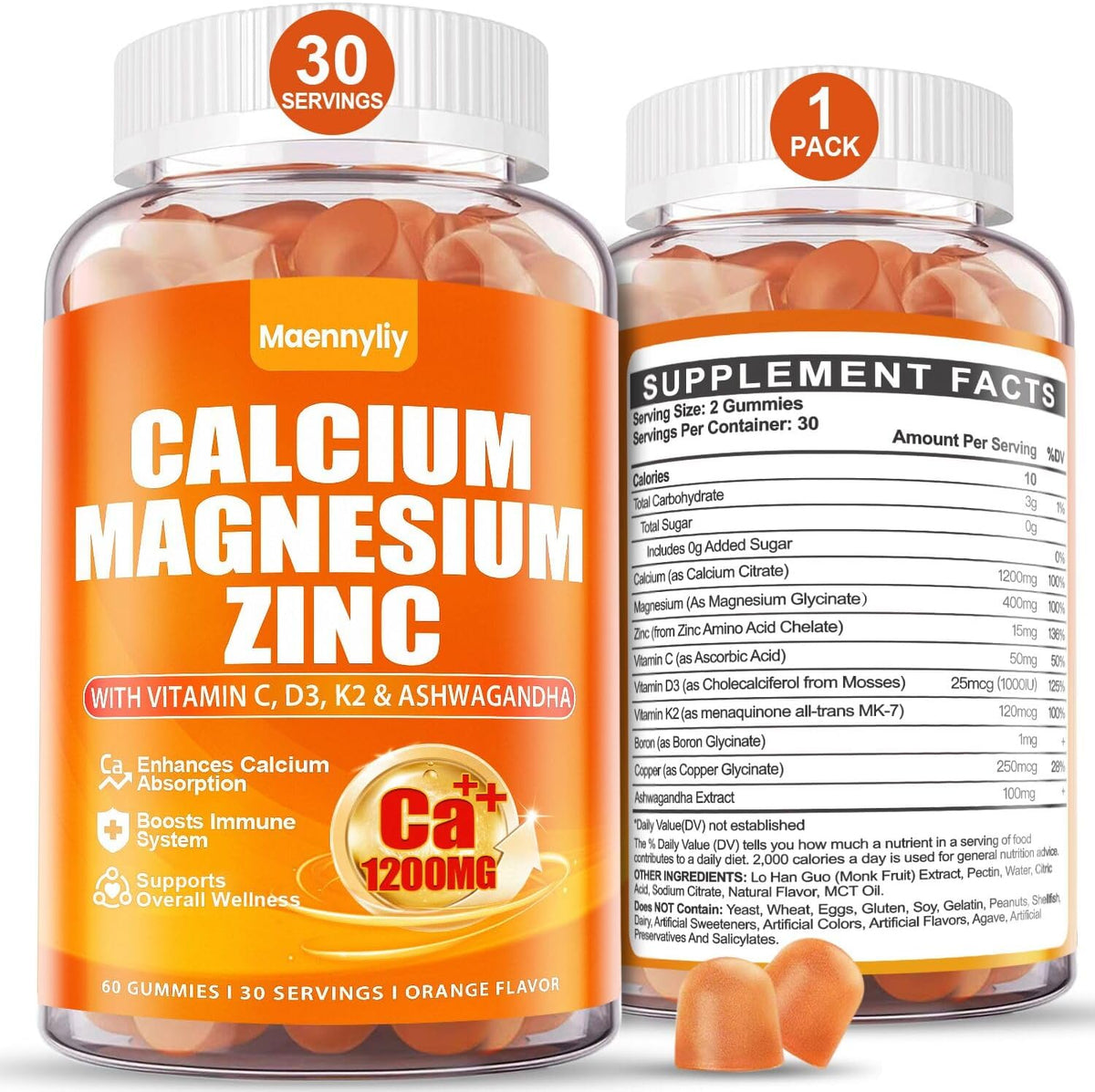 Calcium 1200 mg with Vitamin D3 for Adults - Calcium Citrate Gummies | with Vitamin D3, K2, Magnesium, Zinc, Boron, Copper and Ashwagandha - Extra Absorption Calcium Supplement for Women Men