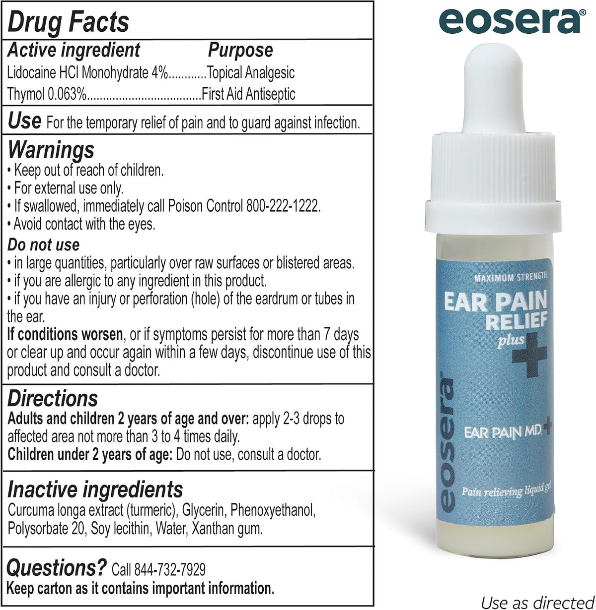 Ear Pain MD +Plus Earache Relief Drops – 4% Lidocaine + Antiseptic for Pain Relief & Infection Protection – Swimmer's Ear, Ear Infections, Allergies