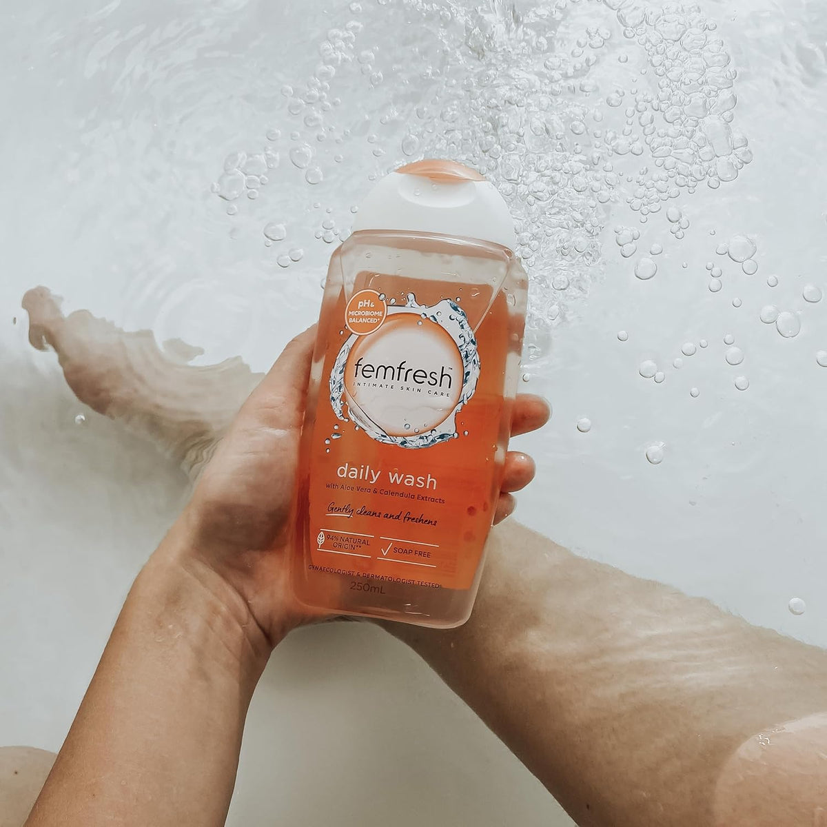 Femfresh Daily Intimate Wash - 250ml, pH & Microbiome Balanced, With Aloe Vera & Calendula Extracts, 94% Natural Origin Ingredients, Hypoallergenic & Soap-Free, Gentle Feminine Body Wash for Freshness