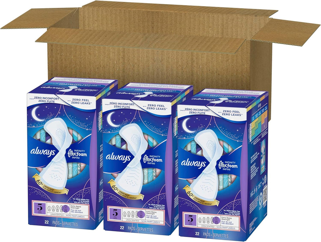 Always Infinity Feminine Pads with Wings for Women, Size 5, Extra Heavy Overnight, Unscented, 22 Count - Pack of 3 (66 Count Total)