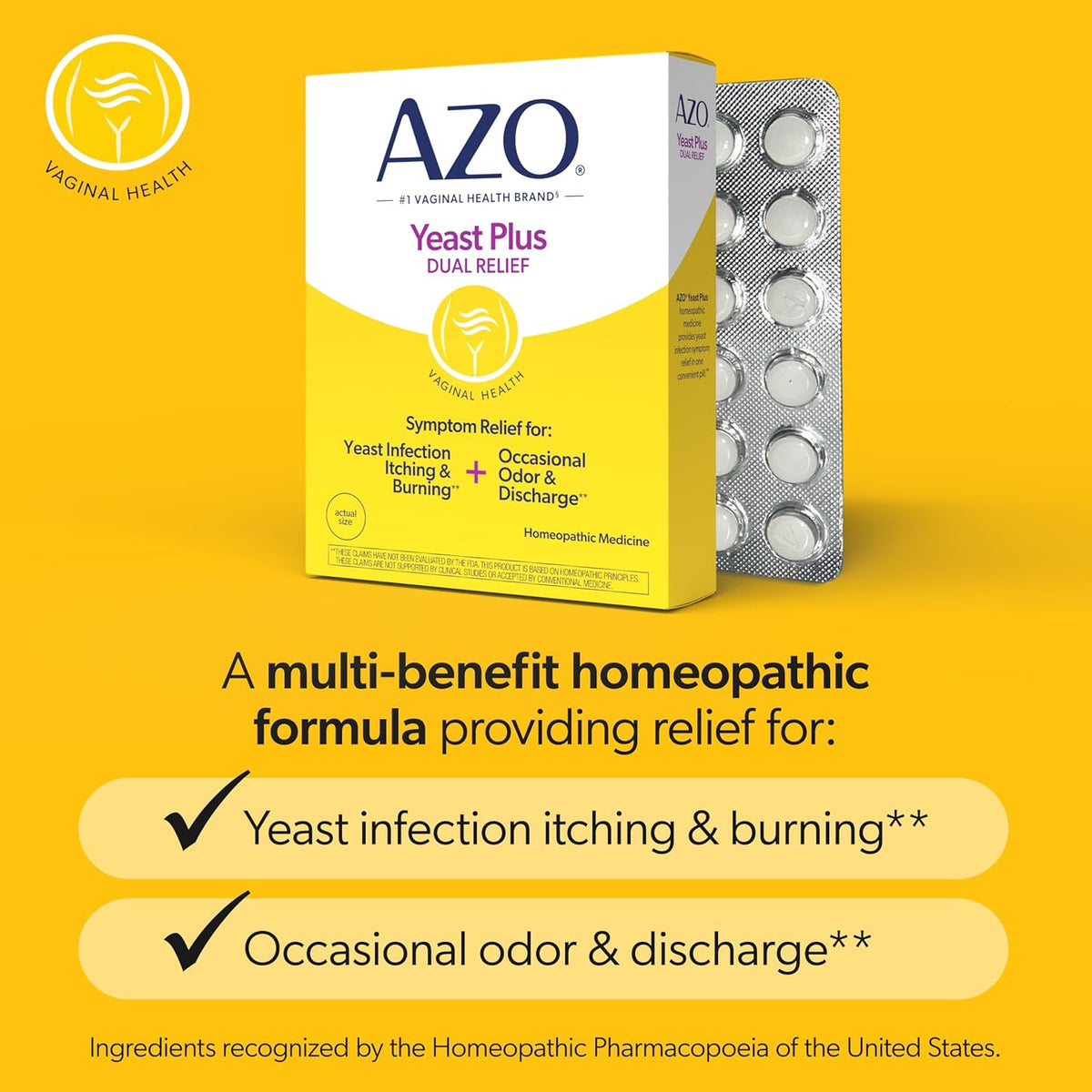 AZO Yeast Plus Dual Relief Homeopathic Medicine | Yeast Infection Symptom Relief: Itching & Burning | Vaginal Symptom Relief: Occasional Odor & Discharge | #1 Most Trusted Brand | 2 Pack (60ctx2)