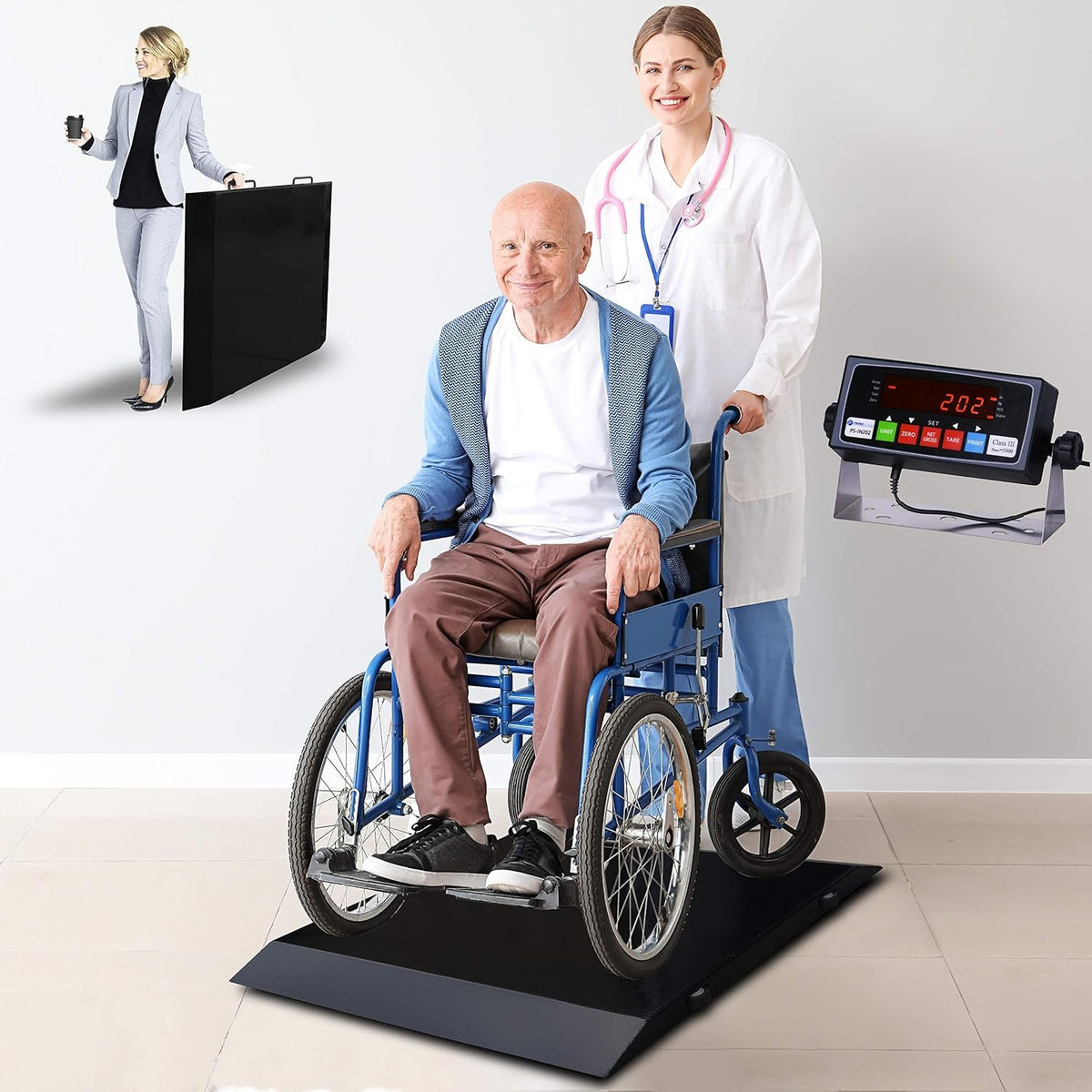 MS-WCS1000 1000lb Wheelchair Scale/Portable Light Weight Floor Wheelchair Scale for Home or Senior Care House | with Dual Ramp