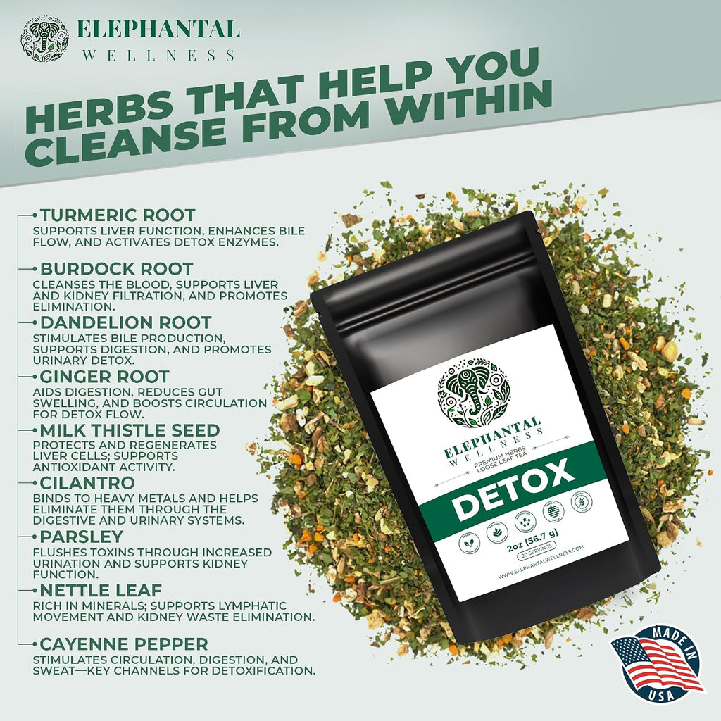 Elephantal Wellness Premium Detox Herbal Tea | Daily Liver, Kidney, Blood & Digestive Support with Turmeric, Nettle Tea, Milk Thistle, Dandelion Tea & Burdock | Handmade, Caffeine-Free Loose Leaf Blend | 2oz, 20 Servings