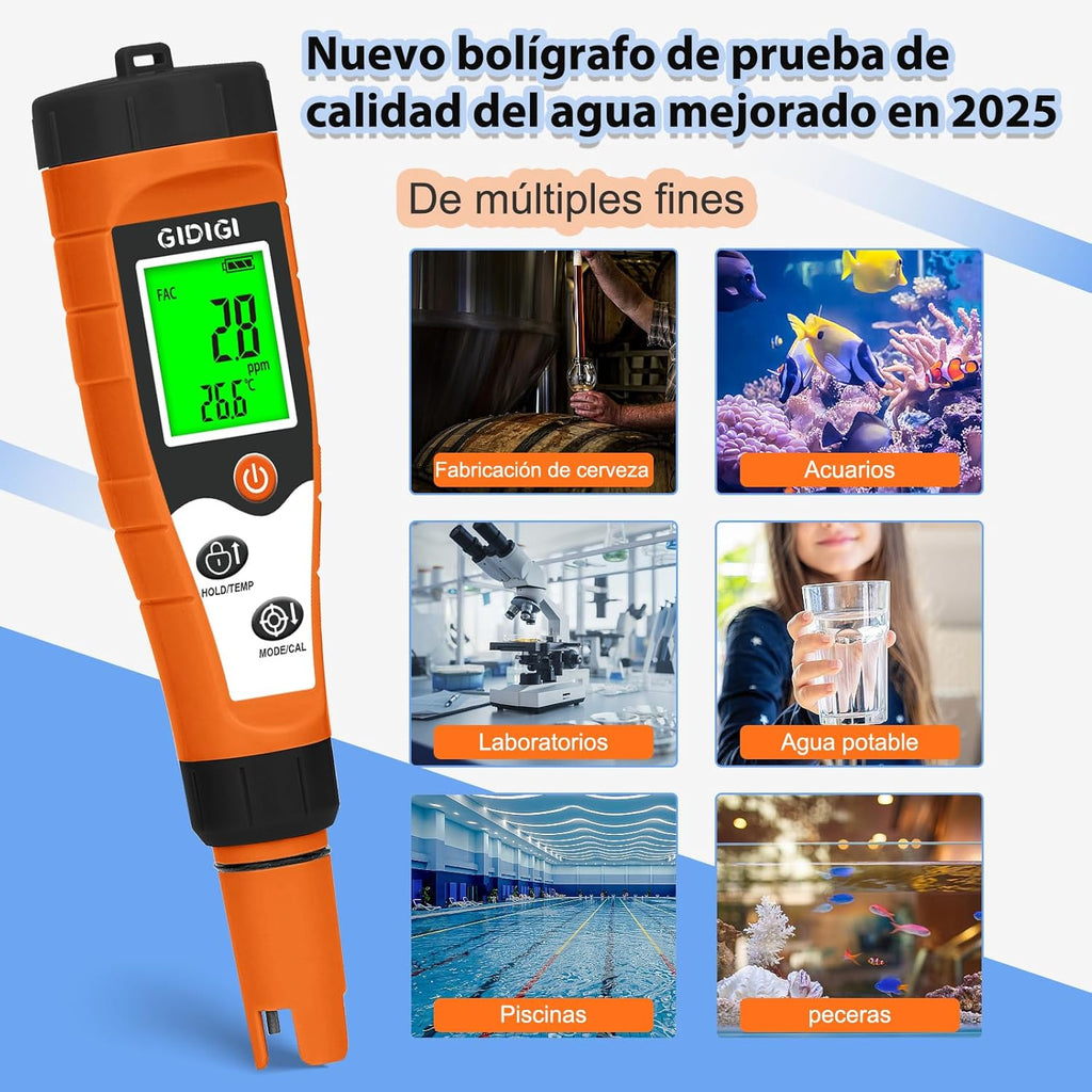 Chlorine, pH and Salinity Pools Meter, 7 in 1 pH FAC, Salt, ORP, EC, TDS and Temp with Calibration Solution, Chlorine Meter for Swimming Pools, Aquariums, Hydroponics and Drinking Water