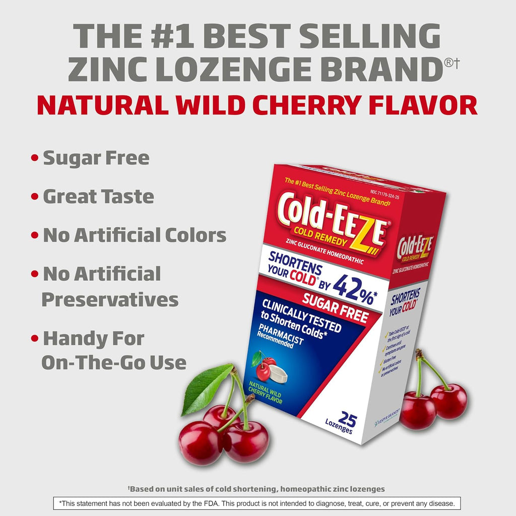 Cold-EEZE Sugar-Free, Natural Wild Cherry Zinc Lozenges, Homeopathic Cold Remedy, Shortens the Common Cold, Sore Throat, Cough, Congestion & Post Nasal Drip, 25 Ct
